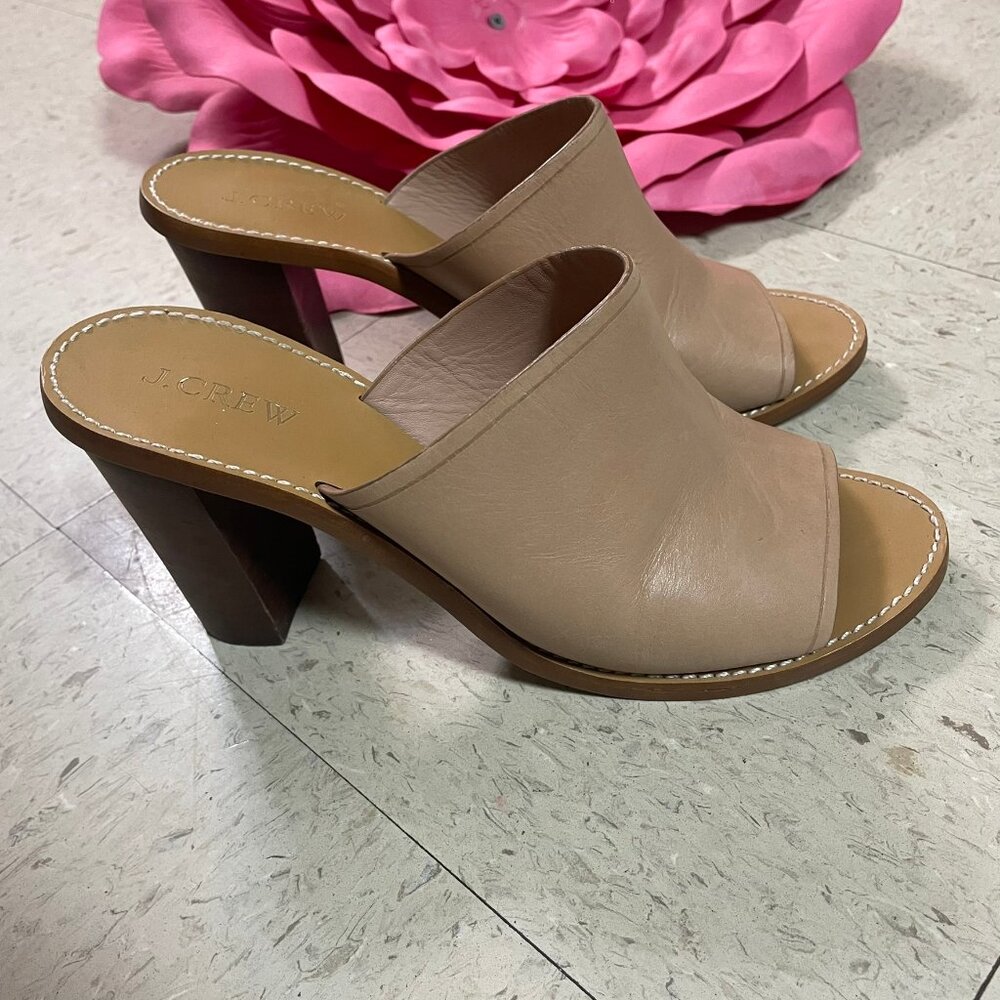 J CREW Nude/Beige MARLOW‎ Leather Block Heeled Open Toe Mules Sandals